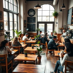 A cozy café interior design featuring rustic wooden furniture, soft ambient lighting, and large windows allowing natural light to flood in