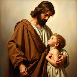 A realistic academic oil painting of Christ standing with a small child, capturing a tender moment between them