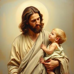 A realistic academic oil painting of Christ standing with a small child, capturing a tender moment between them