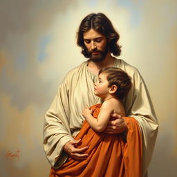 A realistic academic oil painting of Christ standing with a small child, capturing a tender moment between them