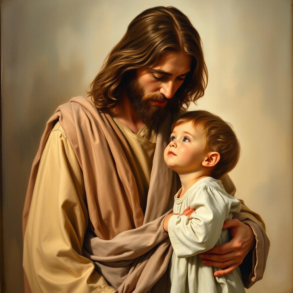 A realistic academic oil painting of Christ standing with a small child, capturing a tender moment between them