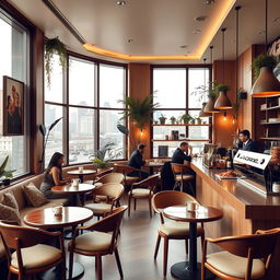 A cozy and inviting café interior, featuring elegant wooden furniture, soft ambient lighting, and large windows showcasing a beautiful city view