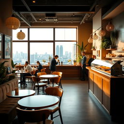 A cozy and inviting café interior, featuring elegant wooden furniture, soft ambient lighting, and large windows showcasing a beautiful city view