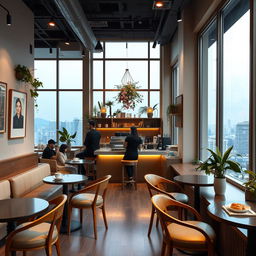 A cozy and inviting café interior, featuring elegant wooden furniture, soft ambient lighting, and large windows showcasing a beautiful city view