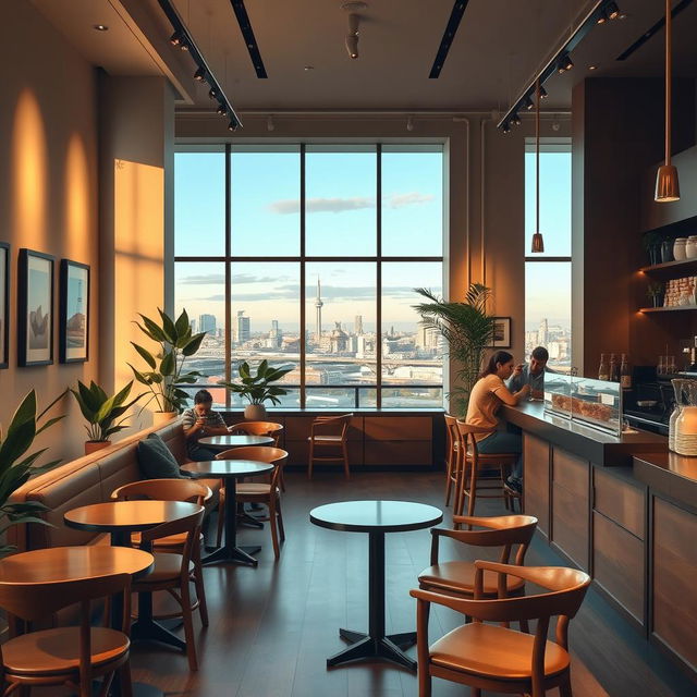 A cozy and inviting café interior, featuring elegant wooden furniture, soft ambient lighting, and large windows showcasing a beautiful city view