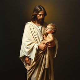 A full-body realistic academic oil painting of Christ standing with a small child, depicted in warm and neutral colors