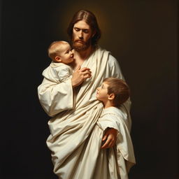 A full-body realistic academic oil painting of Christ standing with a small child, depicted in warm and neutral colors