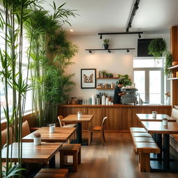 An inviting café interior that features bamboo plants providing a refreshing touch of nature