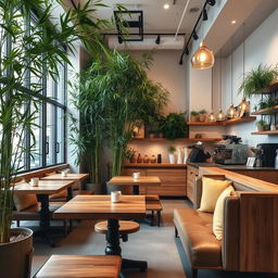 An inviting café interior that features bamboo plants providing a refreshing touch of nature