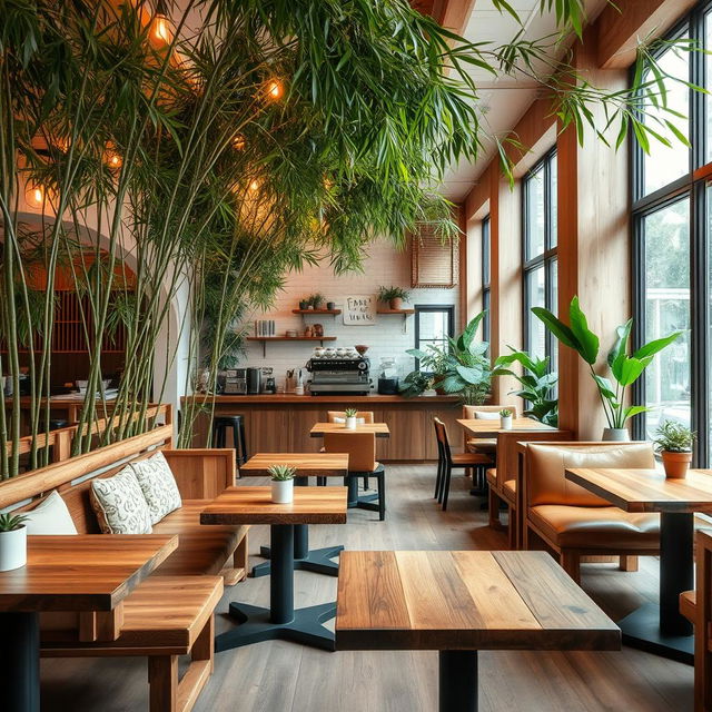 An inviting café interior that features bamboo plants providing a refreshing touch of nature