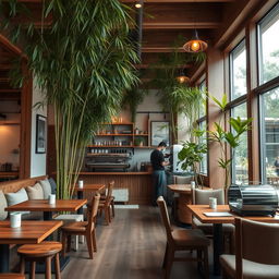 An inviting café interior that features bamboo plants providing a refreshing touch of nature