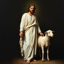 A full-body realistic academic oil painting of Christ standing with a sheep at his side, depicted in warm and neutral colors