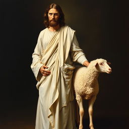 A full-body realistic academic oil painting of Christ standing with a sheep at his side, depicted in warm and neutral colors