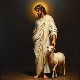 A full-body realistic academic oil painting of Christ standing with a sheep at his side, depicted in warm and neutral colors