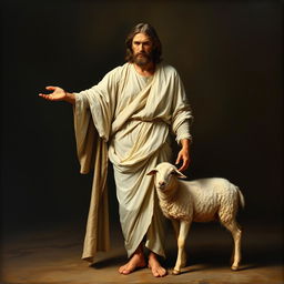 A full-body realistic academic oil painting of Christ standing with a sheep at his side, depicted in warm and neutral colors