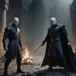 Illustrate an epic battle scene between Lord Voldemort, the dark wizard with his snake-like face, sinister eyes and wand, and Geralt, the Witcher with his silver sword, cat-like eyes and rugged outfit in a destructed castle environment.