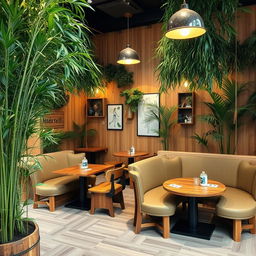 A stylish café interior designed with bamboo plants that add a fresh, natural element to the space