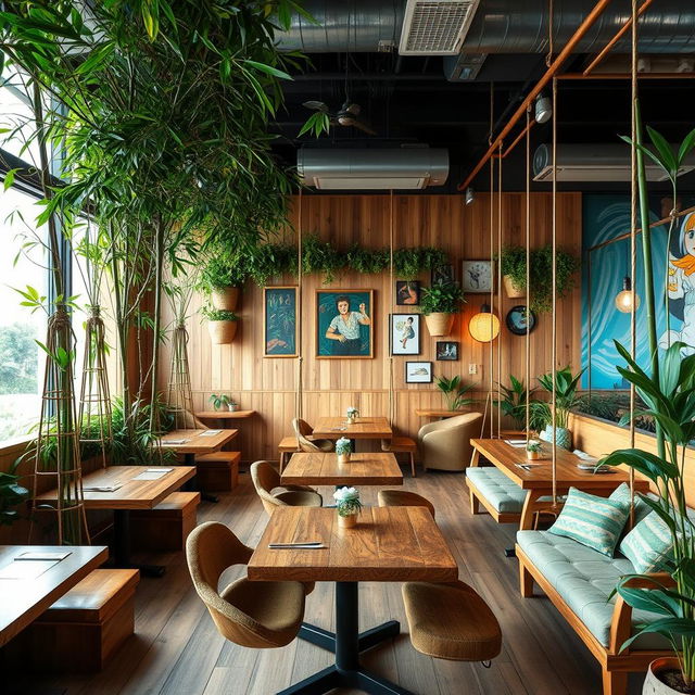 A stylish café interior designed with bamboo plants that add a fresh, natural element to the space