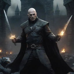 Illustrate an epic battle scene between Lord Voldemort, the dark wizard with his snake-like face, sinister eyes and wand, and Geralt, the Witcher with his silver sword, cat-like eyes and rugged outfit in a destructed castle environment.