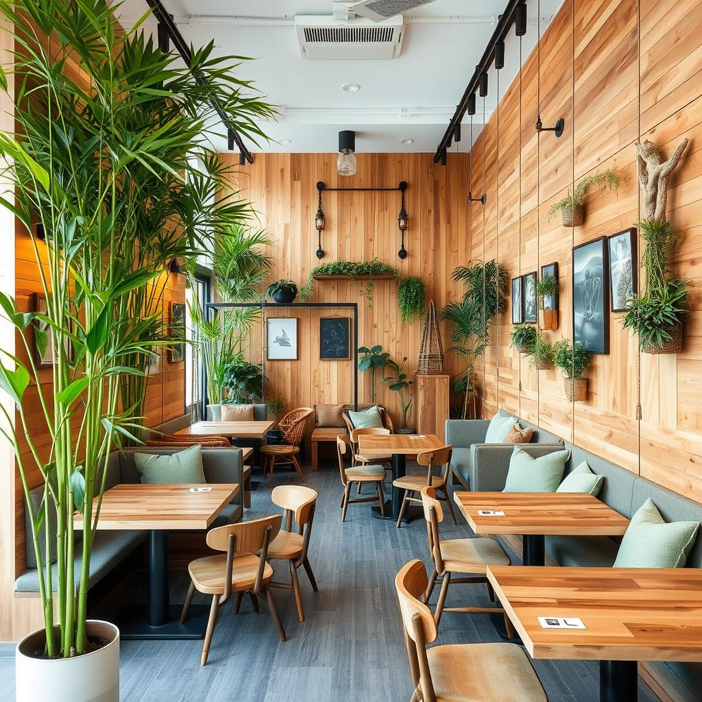 A stylish café interior designed with bamboo plants that add a fresh, natural element to the space