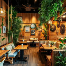 A stylish café interior designed with bamboo plants that add a fresh, natural element to the space