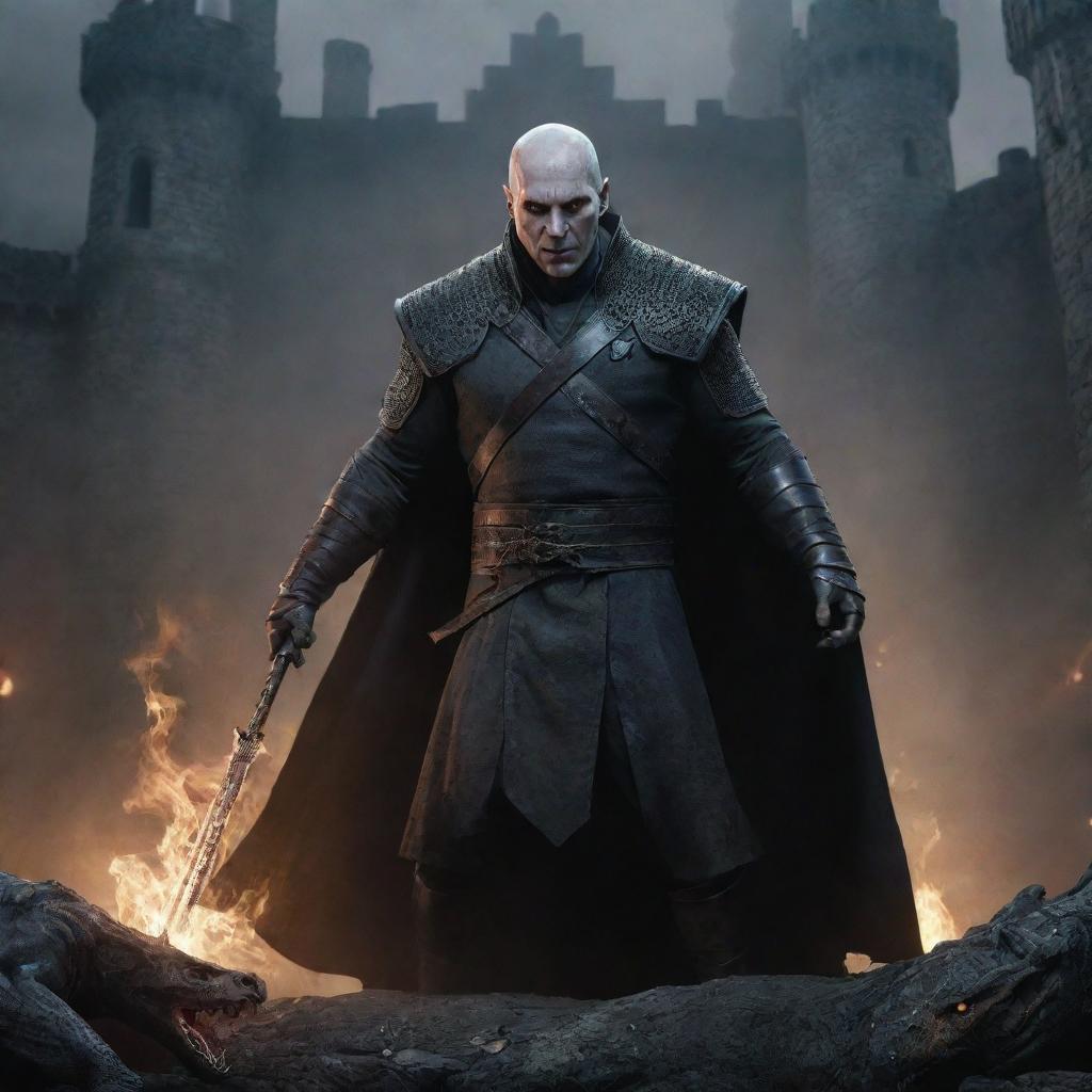 Illustrate an epic battle scene between Lord Voldemort, the dark wizard with his snake-like face, sinister eyes and wand, and Geralt, the Witcher with his silver sword, cat-like eyes and rugged outfit in a destructed castle environment.