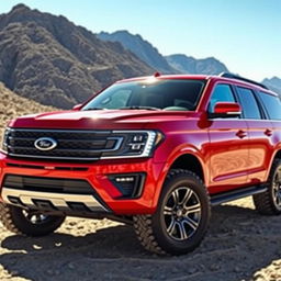 A vibrant red Shelby Expedition Tremor parked in an outdoor adventure setting