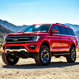 A vibrant red Shelby Expedition Tremor parked in an outdoor adventure setting