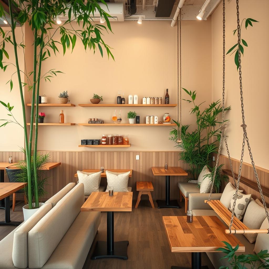 A beautifully designed café interior featuring bamboo plants that bring a touch of greenery to the space