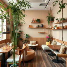 A beautifully designed café interior featuring bamboo plants that bring a touch of greenery to the space