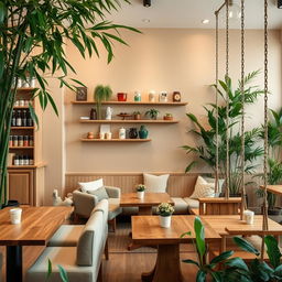 A beautifully designed café interior featuring bamboo plants that bring a touch of greenery to the space