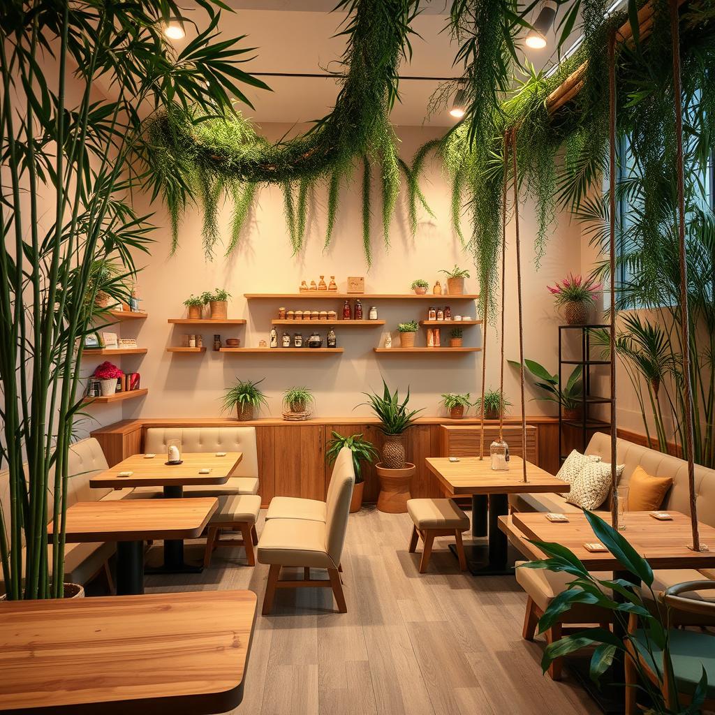 A beautifully designed café interior featuring bamboo plants that bring a touch of greenery to the space