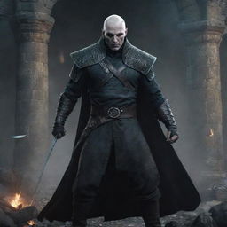 Illustrate an epic battle scene between Lord Voldemort, the dark wizard with his snake-like face, sinister eyes and wand, and Geralt, the Witcher with his silver sword, cat-like eyes and rugged outfit in a destructed castle environment.