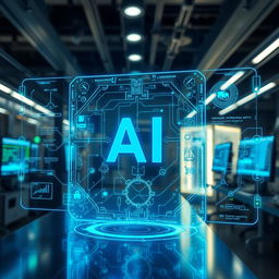 A futuristic, sleek AI interface with glowing blue and green holographic elements, displaying intricate algorithms and data streams in a high-tech environment