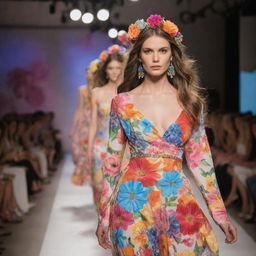 A stylish and bustling fashion show catwalk in the United States showcasing a variety of vibrant and flowery fashion styles.