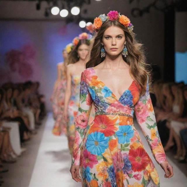 A stylish and bustling fashion show catwalk in the United States showcasing a variety of vibrant and flowery fashion styles.