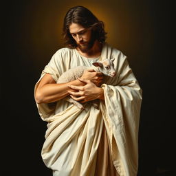 A full-body realistic academic oil painting of Christ standing, holding a small lamb in his arms