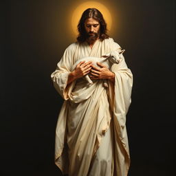 A full-body realistic academic oil painting of Christ standing, holding a small lamb in his arms