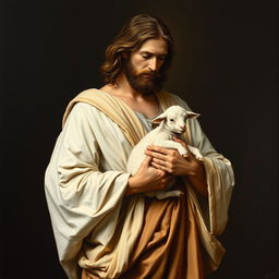 A full-body realistic academic oil painting of Christ standing, holding a small lamb in his arms