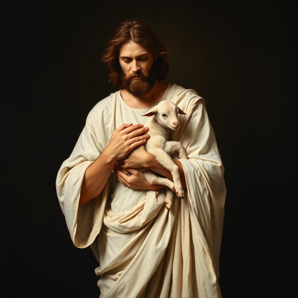 A full-body realistic academic oil painting of Christ standing, holding a small lamb in his arms