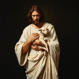 A full-body realistic academic oil painting of Christ standing, holding a small lamb in his arms