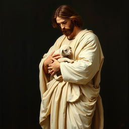 A full-body realistic academic oil painting of Christ standing, cradling a small lamb in his arms