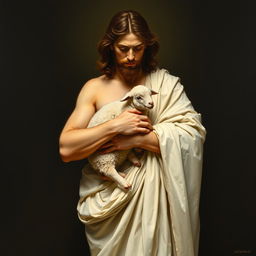 A full-body realistic academic oil painting of Christ standing, cradling a small lamb in his arms