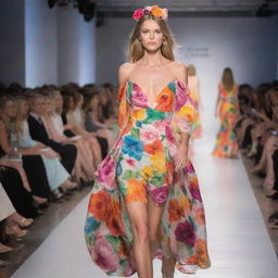 A stylish and bustling fashion show catwalk in the United States showcasing a variety of vibrant and flowery fashion styles.