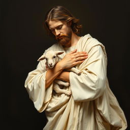 A full-body realistic academic oil painting of Christ standing, cradling a small lamb in his arms