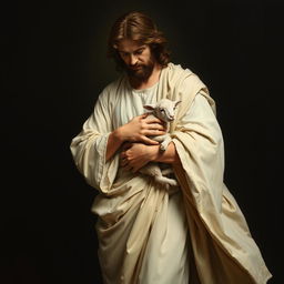 A full-body realistic academic oil painting of Christ standing, cradling a small lamb in his arms