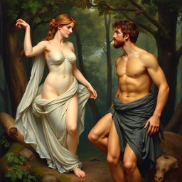 A classic academic painting of Diana and Actaeon, inspired by the style of William-Adolphe Bouguereau