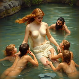 A classic academic painting inspired by the style of William-Adolphe Bouguereau, depicting Diana bathing in a serene river surrounded by nymphs