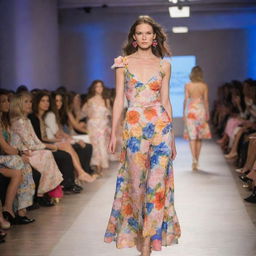 A stylish and bustling fashion show catwalk in the United States showcasing a variety of vibrant and flowery fashion styles.