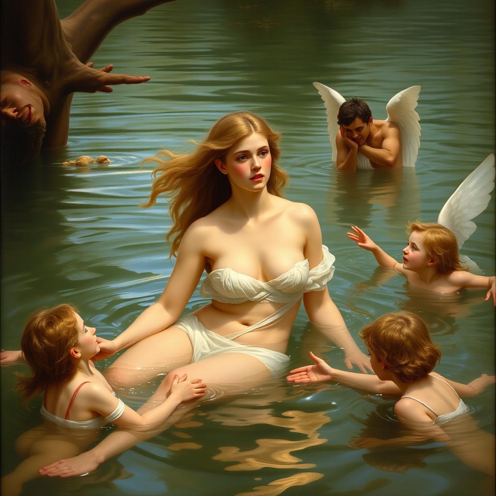 A classic academic painting inspired by the style of William-Adolphe Bouguereau, depicting Diana bathing in a serene river surrounded by nymphs